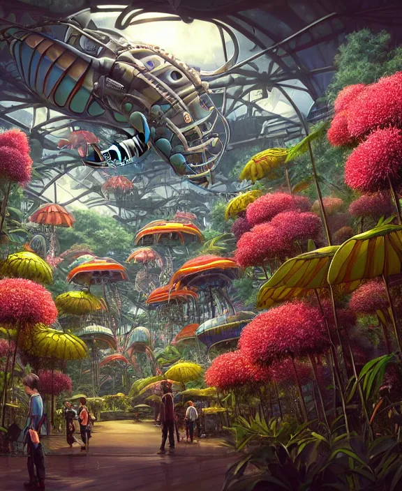 Prompt: an amusement park made out of seamless alien isopod dragonflies, in the style of an aerodynamic robot, overgrown with puffy orchids, partly cloudy, somber, dramatic lighting, by dan mumford, yusuke murata, makoto shinkai, ross tran, cinematic, unreal engine, cel shaded, featured on artstation, pixiv