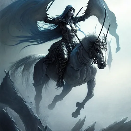 Image similar to concept art by artgerm, death of the four horsemen of the apocalypse, soft grey and blue natural light, intricate, queen of death riding, highly detailed dark art, digital painting, artstation, concept art, smooth, sharp focus, illustration, art by greg rutkowski and luis rollo and uang guangjian and gil elvgren, symmetry!