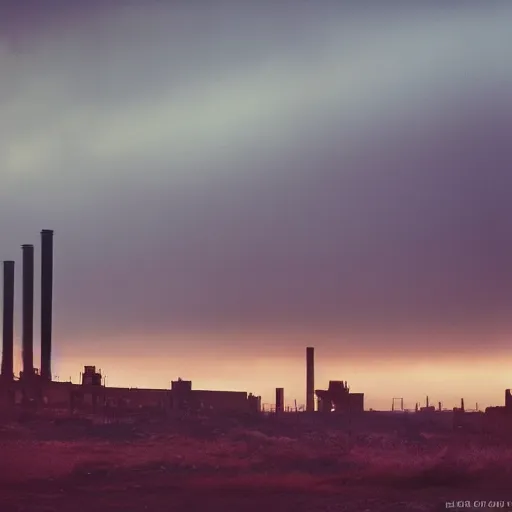 Prompt: Breathtaking, spectacular photo of a distant industrial site at a desolate location at dusk. The color of the sky is deep and rich. abandoned, atmospheric, eerie, creepy, foreboding, hopeless, bleak, post-apocalyptic, hazy, fire escape, smokestack, rendered in Octane, CineStill 800T