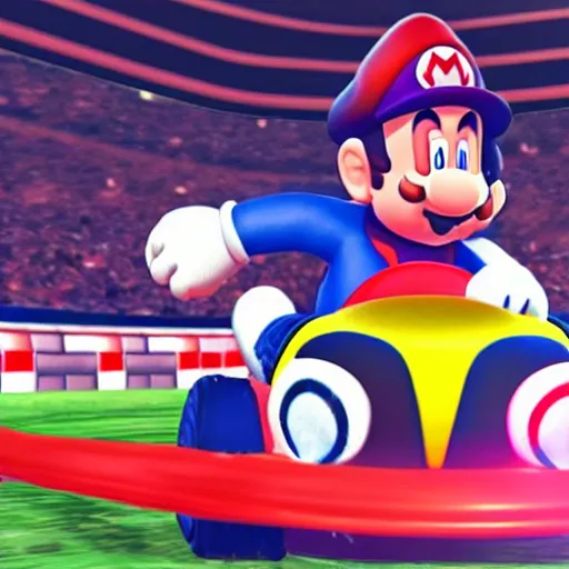 Image similar to Gameplay screenshot of Lionel Messi as toad in Mario Kart, Mushroom hat, Nintendo, Red Bull