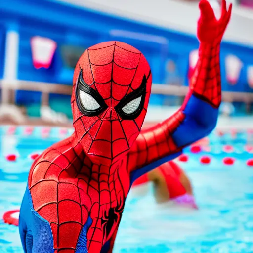 Prompt: 85mm photo of Spider-Man as a life guard at a public pool, dslr photograph