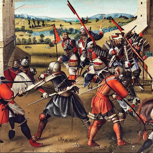 Image similar to Battle of Pavia in 1525, Landsknecht vs Swiss pikemen, medieval painting