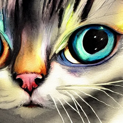 Prompt: mathematical cat. watercolor. amazing painting. high resolution. highly realistic. cool tones. close - up. 8 k. trending on artstation.