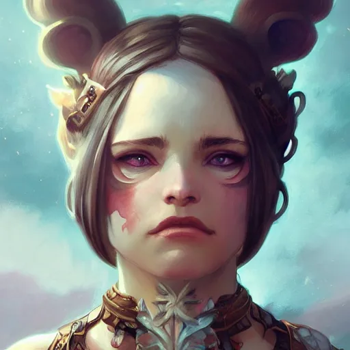 Image similar to cute female ogre, deep focus, d & d, fantasy, intricate, elegant, highly detailed, digital painting, artstation, concept art, matte, sharp focus, illustration, hearthstone, art by artgerm and greg rutkowski and alphonse mucha