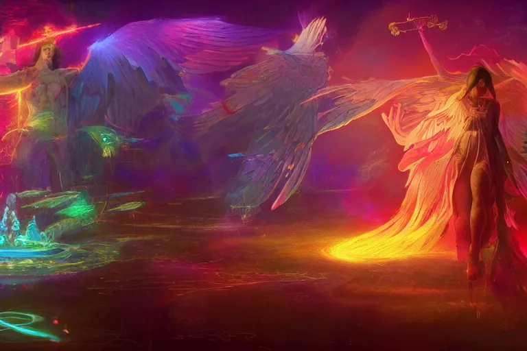 Image similar to infographic of a [ heavenly realm ] ~ in the style of a ~ [ three dimensional hologram ] ~ highly detailed digital saturated colors full color drawn by [ wlop and greg rutkowski ]