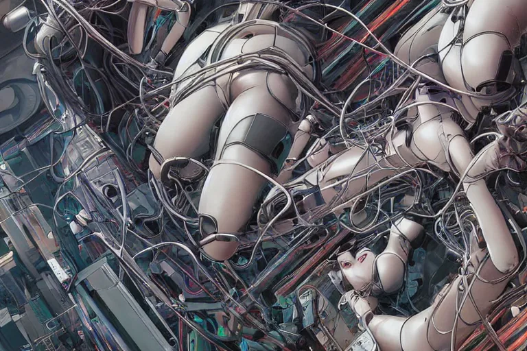 Image similar to a finely composed cyberpunk illustration of a group of female androids in style of hajime sorayama, lying on an abstract, empty, white floor with their body parts scattered around and cables and wires coming out, by katsuhiro otomo and masamune shirow, hyper-detailed, intricate, colorful, view from above, wide angle, close up, beautiful