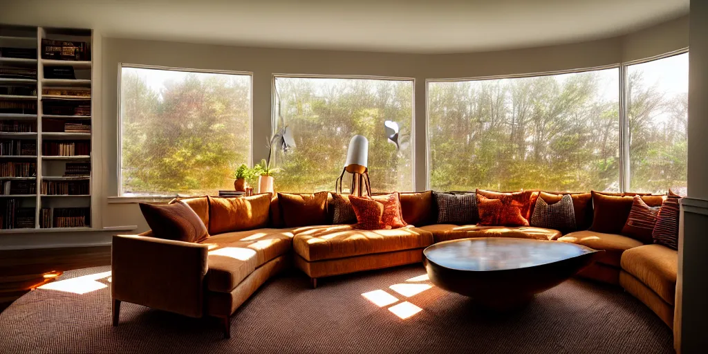 Prompt: wide angle photograph, atmospheric, light bloom, mars landscape outside, sunlight shining through windows, reflections, award winning contemporary interior design, cozy and calm, fabrics and textiles, colorful accents, brass, copper, secluded, many light sources, lamps, oiled hardwood floors, book shelf, couch, desk, balcony door, plants