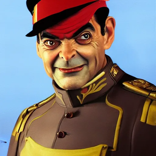 Prompt: ultra realistic painting of mr bean as m. bison from street fighter, art by frank frazetta, 4 k, ultra realistic, highly detailed, epic lighting