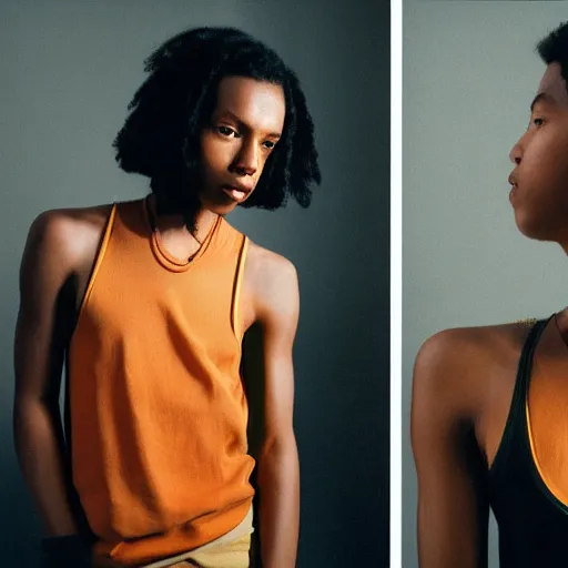 Prompt: realistic! photoshoot for a new balenciaga lookbook, color film photography, portrait of a beautiful woman wearing a tank top, photo in style of tyler mitchell, 35mm lens