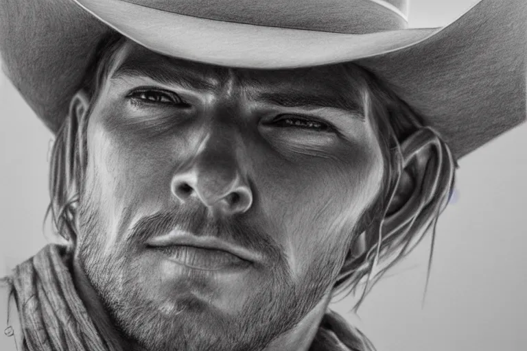 Image similar to hyperrealist pencil sketch of a cowboy by david malan, fantasy art, drawing, dynamic lighting, artstation, poster, volumetric lighting, very detailed faces, 4 k, award winning