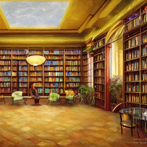 Prompt: a matte painting of an art - deco library interior decorated with flowers. by mark keathley and mandy jurgens and charlie bowater, cgsociety, artdeco, utopia art, bold colors, sci - fi, artstation hq