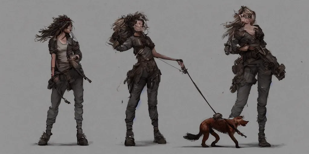 Image similar to cartoonish jeniffer lawrence jamming with her dog, character sheet, fine details, concept design, contrast, kim jung gi, greg rutkowski, trending on artstation, 8 k, full body, turnaround, front view, back view, ultra wide angle