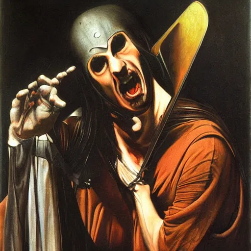 Image similar to metalhead singing dramatically, heavy metal, gothic, oil painging by caravaggio and alan lee