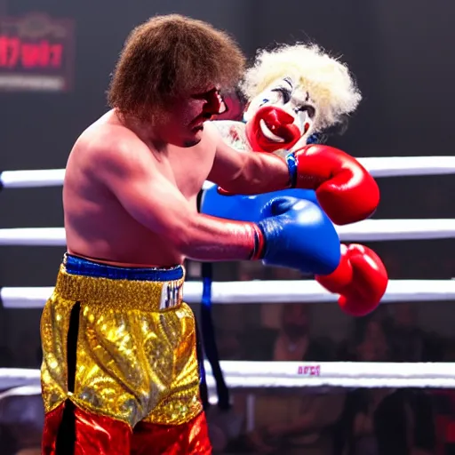 Prompt: clowns boxing matching, clown, clowns, clowns boxing, hbo showtime boxing