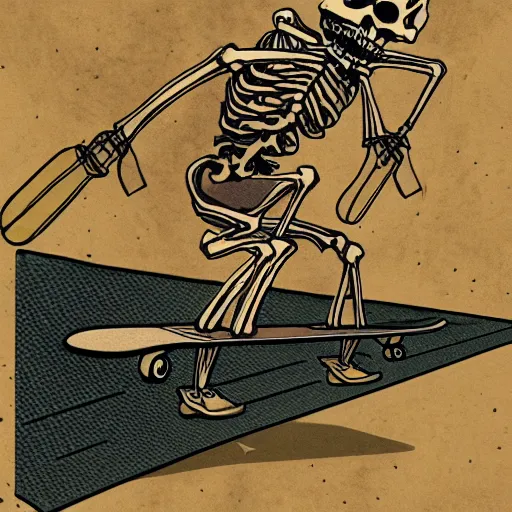 Prompt: A skeleton rides a skateboard, ukiyo-e, highly detailed, trending on artstation, 8k,