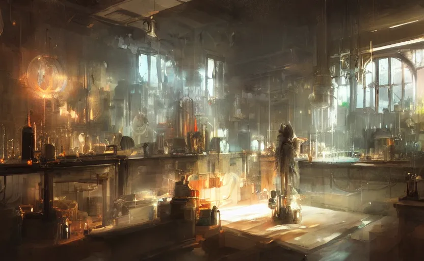 Image similar to Alchemy laboratory, elegant, volumetric lighting, digital painting, highly detailed, artstation, sharp focus, illustration, concept art, ruan jia, steve mccurry