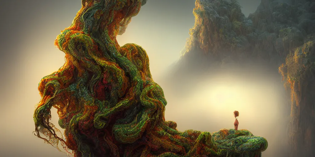 Prompt: Photorealistic intricate detailed picture of a levitating floating woman made from colorful fungus tendrils, with arms outstretched. a gentle rising mist, an epic rocky landscape. occult photorealism, UHD, amazing depth, glowing, golden ratio, 3D octane cycle unreal engine 5, volumetric lighting, cinematic lighting, cgstation artstation concept art