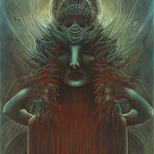 Prompt: dark shrouded woman performing ethereal ritual, expanding energy, epic surrealism oil paint by Ernst Fuchs, Zdzislaw Beksinski, Katsuhuro Otomo highly detailed