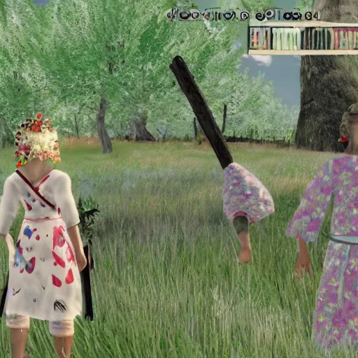 Image similar to a still from the movie midsommar with okami graphics ps 2 visual aesthetic