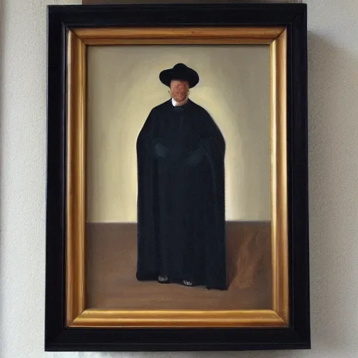 Prompt: “man with black robe and big hat oil panting”