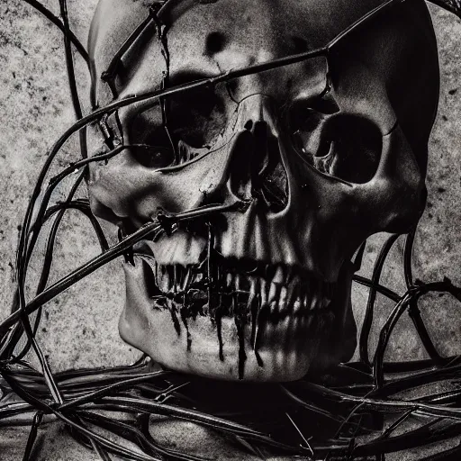 Prompt: a dark occult ritual of wires skulls skin and decay, moody, hyperrealism, 8 k photo, atmospheric