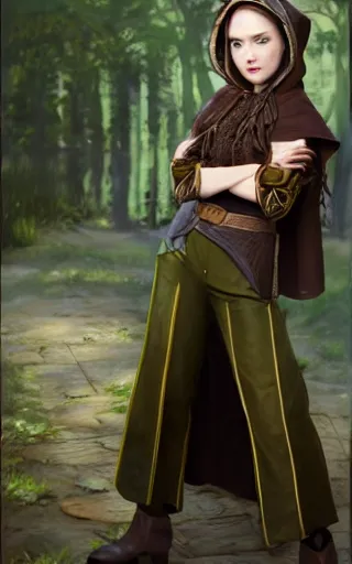 Prompt: a beautiful woman, high cheek bones, half smile, mischievous, bard, brown hair, messy hairstyle, short hair, cream colored peasant shirt, brown pants, leather boots, dark green cloak, round hood, elf ears, youthful, white background, proportionate, by Tony Sart, trending on artstation, realistic, highly detailed, masterpiece