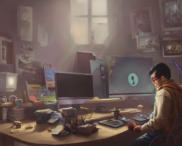 Image similar to an insanely detailed painting of a nerdy asian man wearing a superhero costume, sitting at a desk, staring at the nervously at the computer and typing, in the style of peter mohrbacher, dramatic lighting and composition, octane render, pixar, trending on artstation, concept art, comic book, view from behind