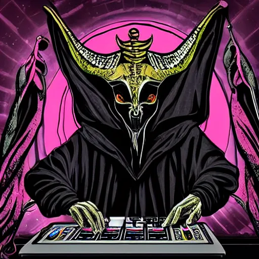 Image similar to baphomet wearing a dark hooded cloak on the dj decks