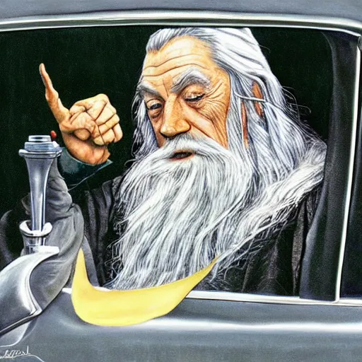 Prompt: gandalf in the drive thru at wendy's working on the weekend by norman rockwell 8 k