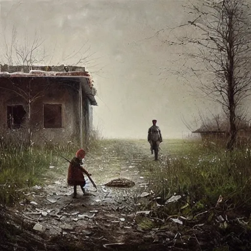 Image similar to painting by jakub rozalski of a person walking with a wheelbarrow in an abandoned post soviet town infested with root monsters