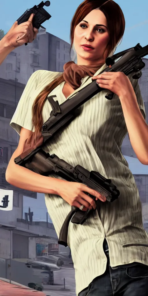 Prompt: sanna marin as a character in gta v cover holding a gun