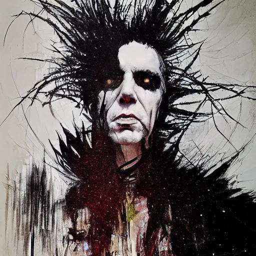 Prompt: gaunt ( the cure fan ) as dream from sandman, dim stars as eyes, portrait of nick cave, by jeremy mann, by cedric peyravernay, by ben templesmith, by dave mckean and richard avedon, dramatic lightning, sadness, dark eye sockets, in the shadows, punk rock, gothic, high detailed, 8 k