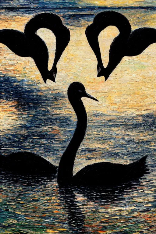 Prompt: !dream two black swans swimming, touching heads, forming a heart with their necks, oil on canvas, intricate, 8k highly professionally detailed, HDR, CGsociety