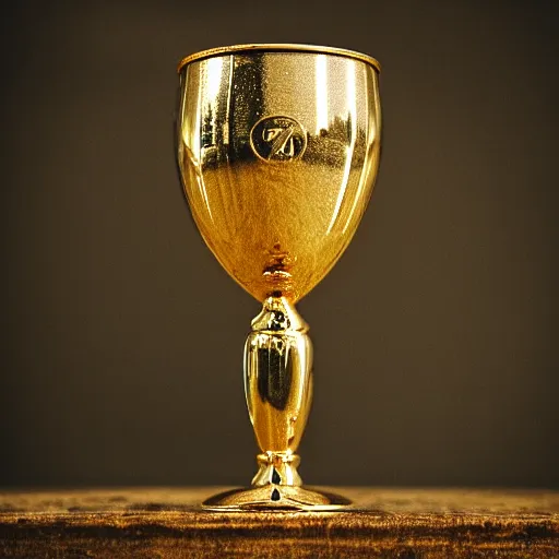 Image similar to goblet, gold cup, scratched metallic pattern, particles defocused, haze