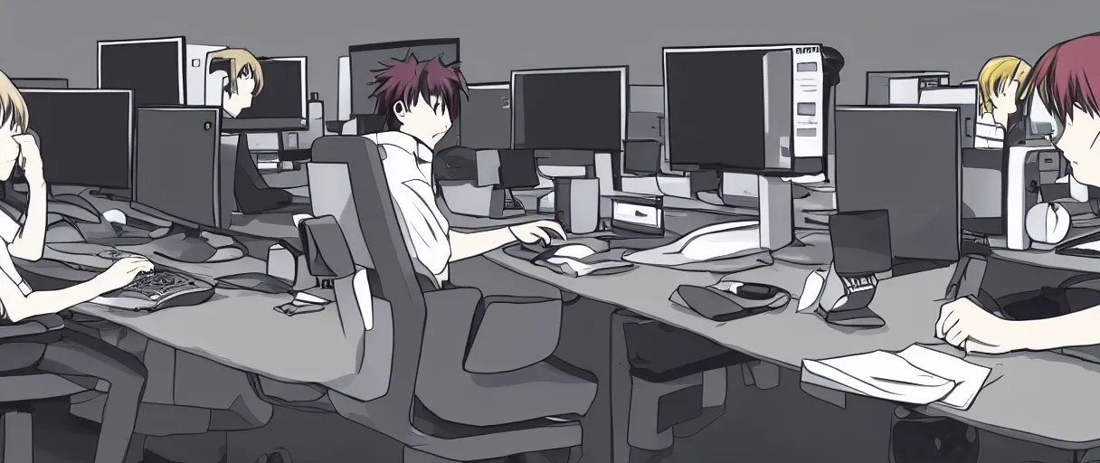 Image similar to anime drawing, a man at a desk with ten different computer monitors, his face flat on the keyboard, sound asleep