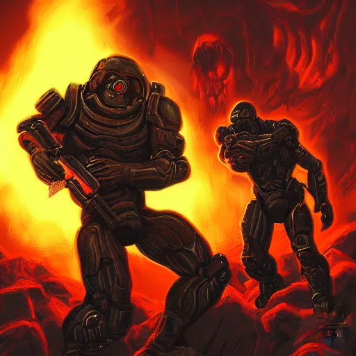 Prompt: doom guy fighting george w bush in hell, digital art