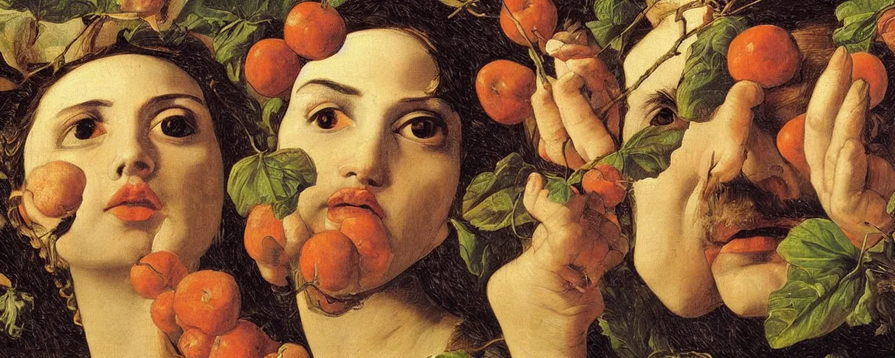 Image similar to men and women, closeup portrait, garden with fruits on trees, ultra detailed, Orazio Gentileschi style