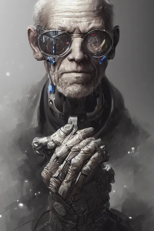 Prompt: Ultrarealistic illustration old man cyborg, cyberpunk, sci-fi fantasy,intricate,elegant,highly detailed, digital painting, artstation, concept art