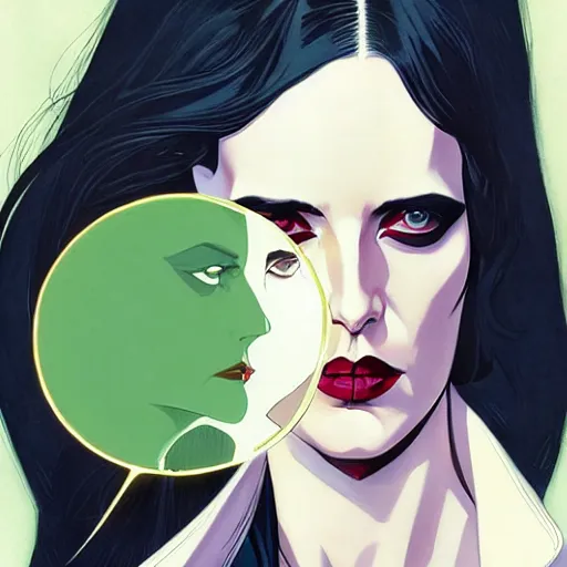 Image similar to Joshua Middleton comic art, wide shot, stunning elegant female Eva Green, spy, kabuki mask, beautiful evil sneer, symmetrical face, symmetrical eyes, leather clothing and boots, long straight green black hair, full body, Indigo occult pattern