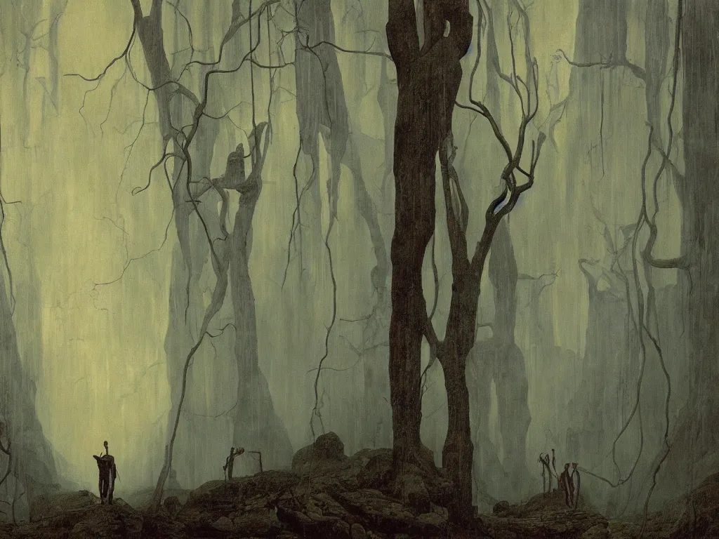 Image similar to Giant marble cracked primitive sculpted god in a ravine, fog, melancholy, noise, surreal canopy, Harsh, golden light, rain. Painting by Caspar David Friedrich, Peter Doig, Yves Tanguy.