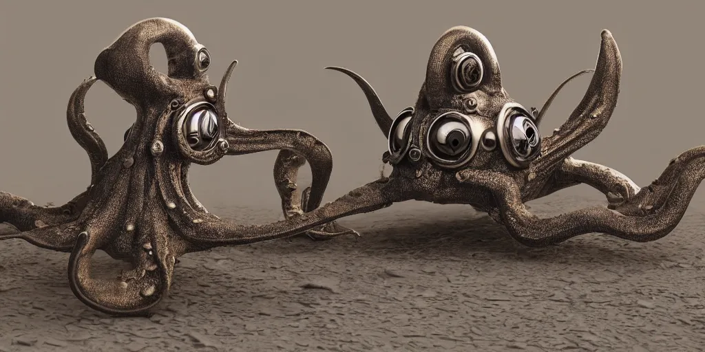 Image similar to low - angle medium shot of an miniature tetrapod octopus steampunk space alien from the future on its first day of driver's ed learning to parallel park. 8 k, 4 k, hq, 3 d render, digital art, dramatic lighting, comedy, science fiction, hyper realistic, ultra detailed. style of fifth element, gravity, silent running.