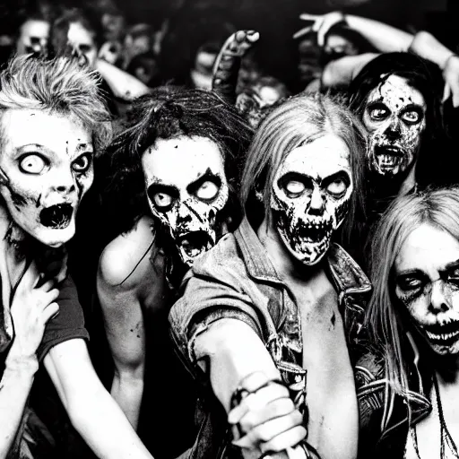 Image similar to zombies at a punk rock concert, highly detailed photo from 1985, black and white