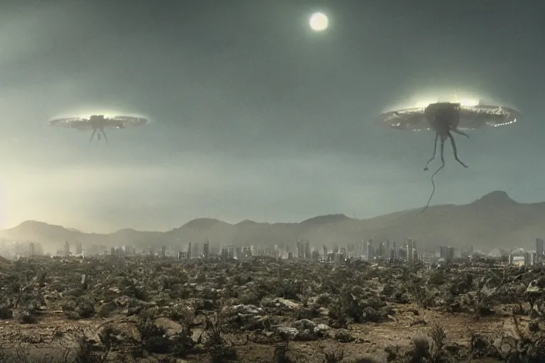 Image similar to cinematography of alien invasion in Santa Monica By Emmanuel Lubezki