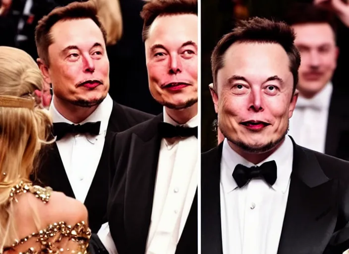 Image similar to Elon Musk and Nikola together at Met Gala 2039 in Mars Futuristic Speaking to a large crowd in an event