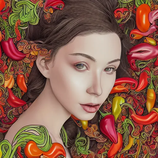Prompt: the portrait of a beautiful, sophisticated, and elegant young woman made up of peppers, an ultrafine detailed illustration by james jean, intricate linework, bright colors, final fantasy, behance contest winner, vanitas, angular, altermodern, unreal engine 5 highly rendered, global illumination, radiant light, detailed and intricate environment