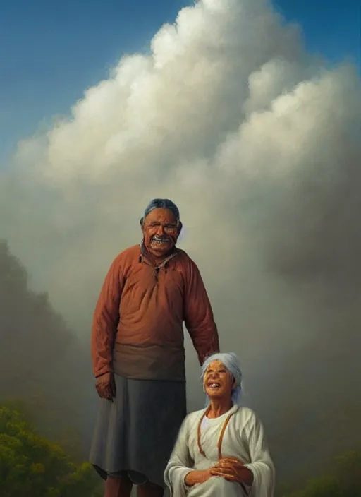 Prompt: portrait of indigenous grandfather and grandmother in the clouds, smiling, protection, benevolence, ancestors, art by christophe vacher