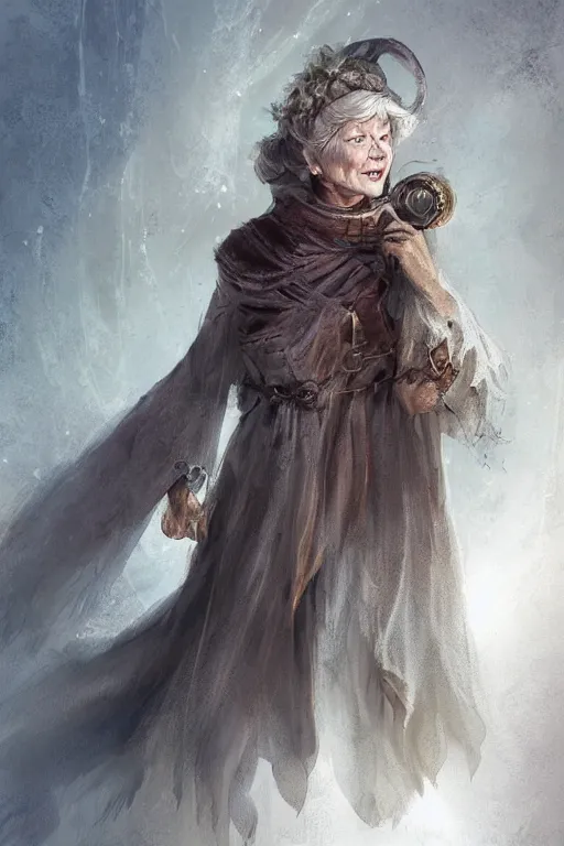 Prompt: old female human bard storyteller dnd character concept :: gentle and warm smile :: face like Judi Dench and Beverly Cleary :: holding staff with ribbons :: mantle shroud scarf dress cloak books high details fantasy leather embossed weathered stitching magic item plain white background 5e artwork painting by aleksi briclot hard edge painting concept art digital art realistic