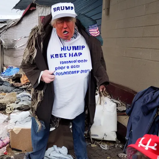 Image similar to donald trump dressed as a homeless man living in the slums