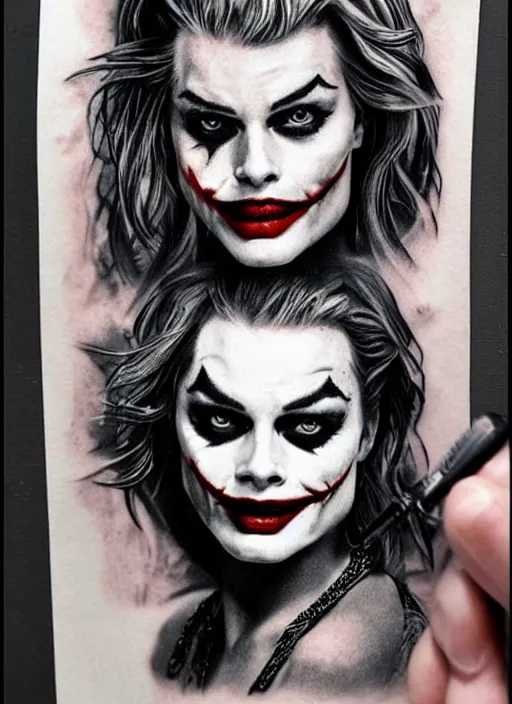 Image similar to tattoo design of margot robbie with joker makeup, ace card, in the style of tony santos, realistic face, black and white, realism tattoo, hyper realistic, highly detailed