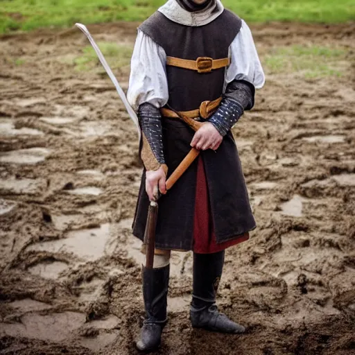 Prompt: Young medieval squire with medieval clothes. Standing in the mud. Face closeup. Hyper realistic photo.